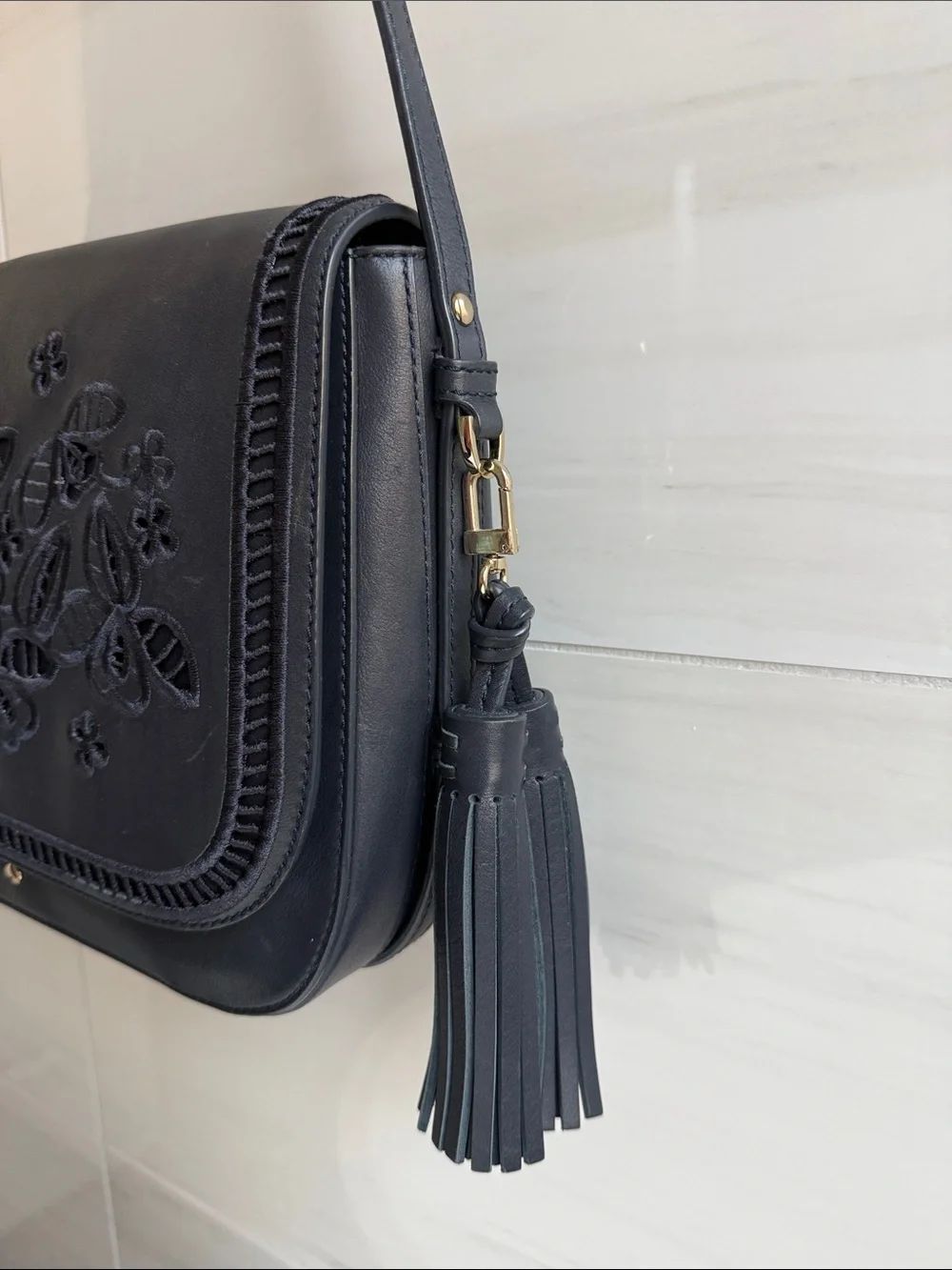 Kate Spade Madison Avenue Navy Floral Appliqué Crossbody Bag with Tassel